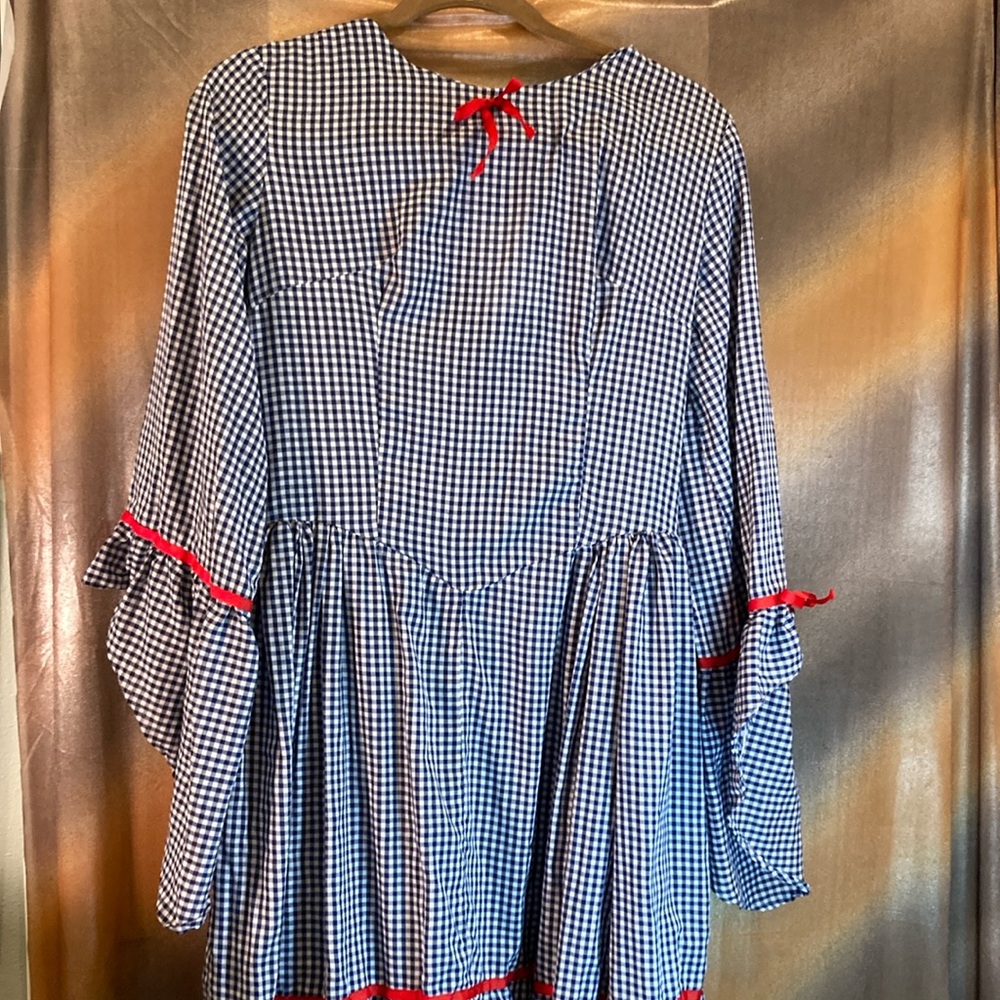 Vintage blue checkered with red bows size Small. longer in the‎ back. B5